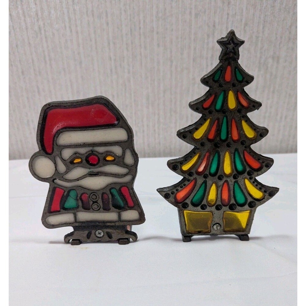 Vintage Cast Iron Stained Glass Christmas Tree And Santa Candle Holder Set Of 2